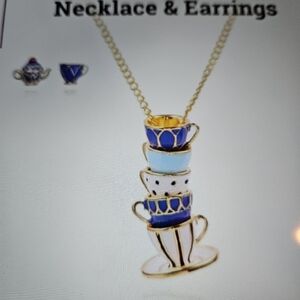 Gold and Blue Teacup Necklace and Earrings Set